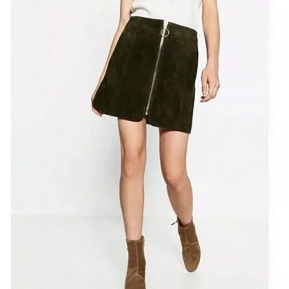 Zara Olive Green Suede Leather Zipper Mini A Line Skirt Size Small